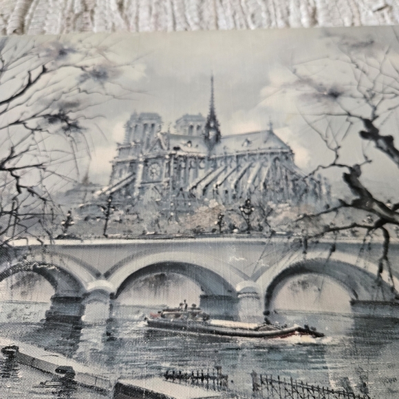 Original Vintage Art Oil Painting Canvas Notre Dame Paris Seine Spooky Halloween - Picture 5 of 7